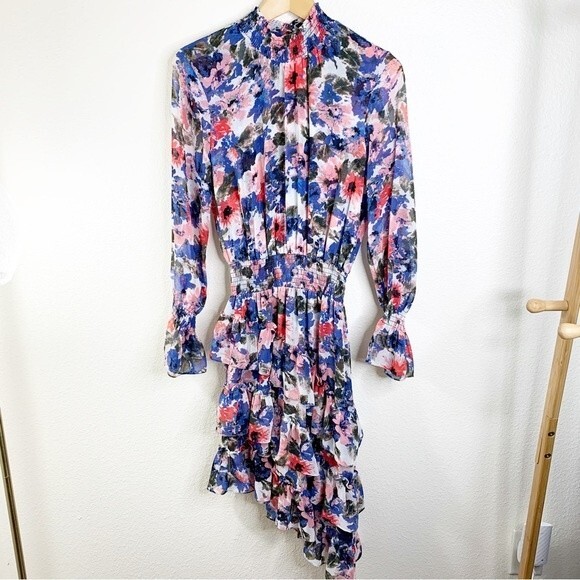MISA x Revolve Savanna Floral Asymmetrical Long Sleeve Mini Dress Size Small - Picture 2 of 7